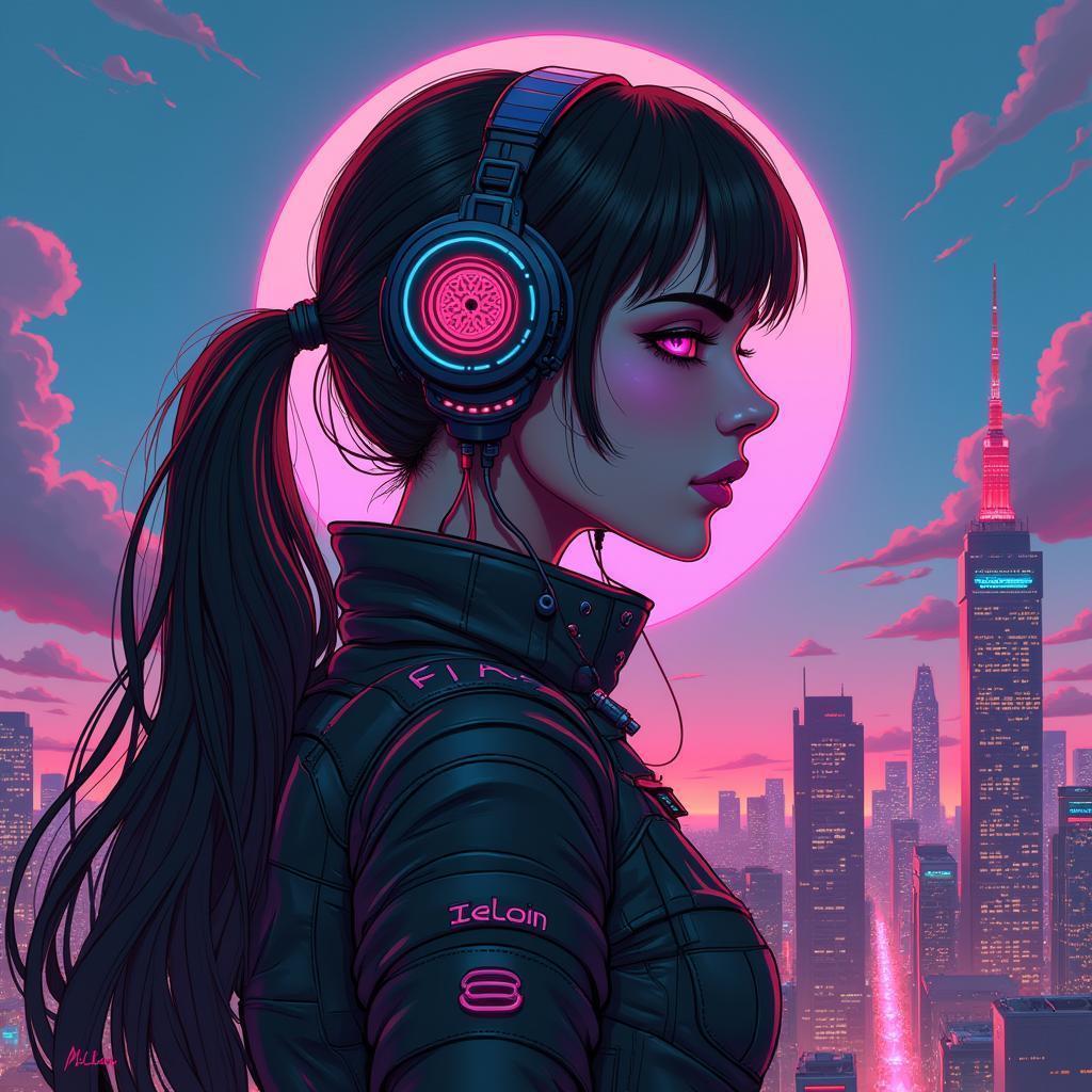 Neonpunk Giorgia Meloni Against Cyber Skies