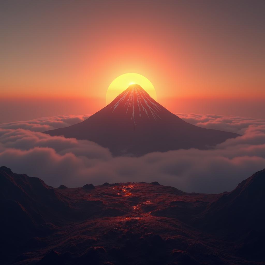 Volcanic Planet Sunrise Wrapped in Smooth Fog