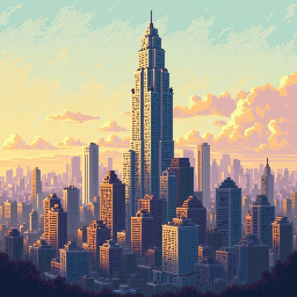 Golden Pixel Metropolis With Towering Central Skyscraper