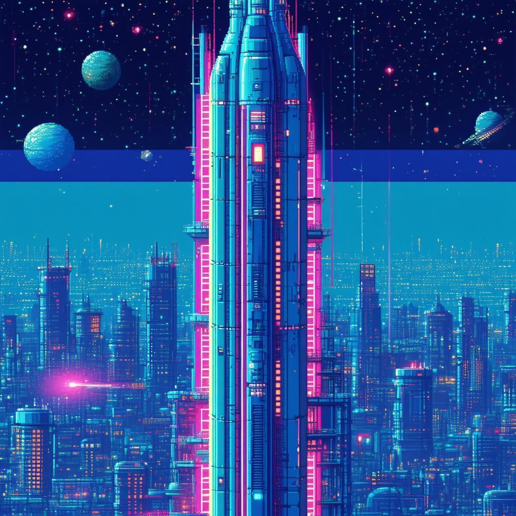 Retro Pixel Space Elevator in Ethereal Glow
