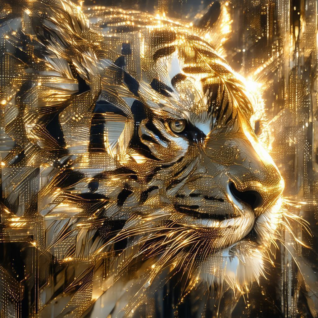 Golden Abstract Tiger in Geometric Light Patterns