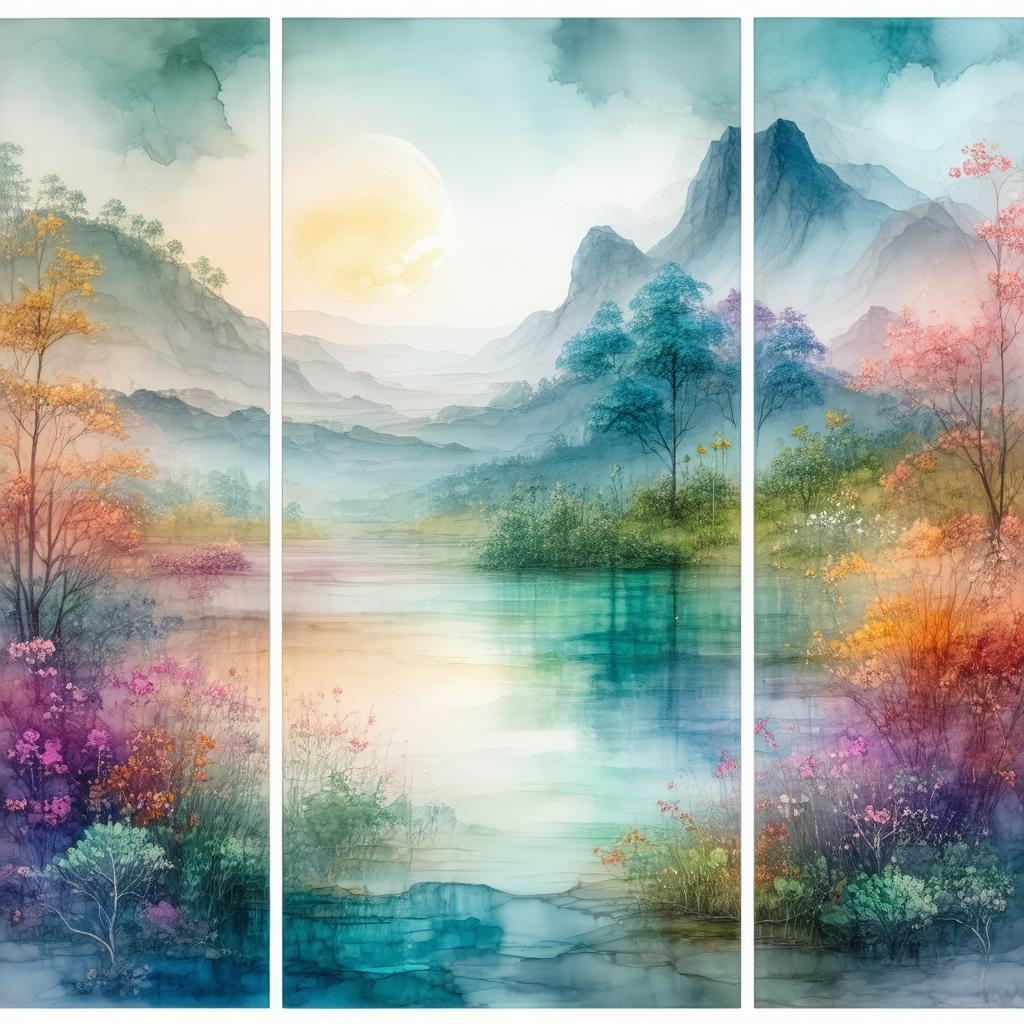 Symmetrical Gouache Triptych of Ethereal Nature