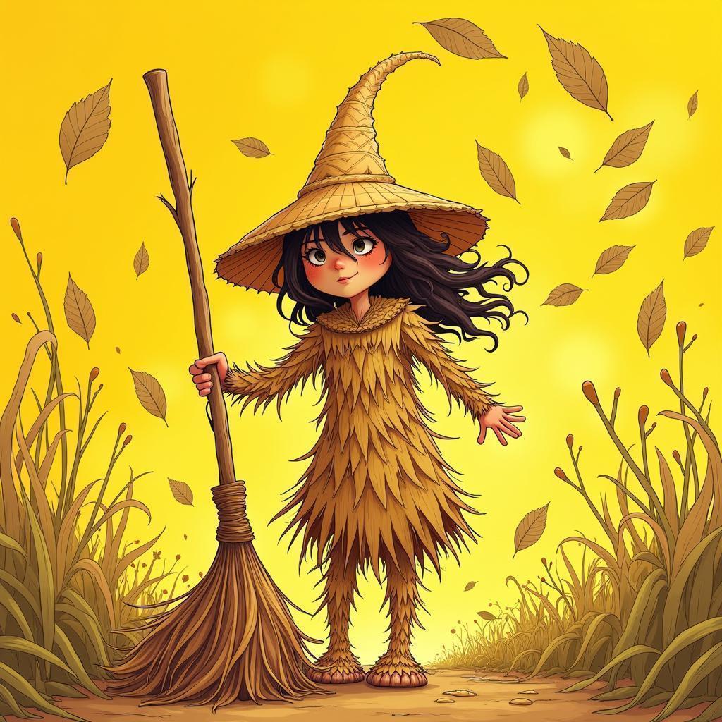Manga Straw Figure Sweeping Swirling Golden Leaves