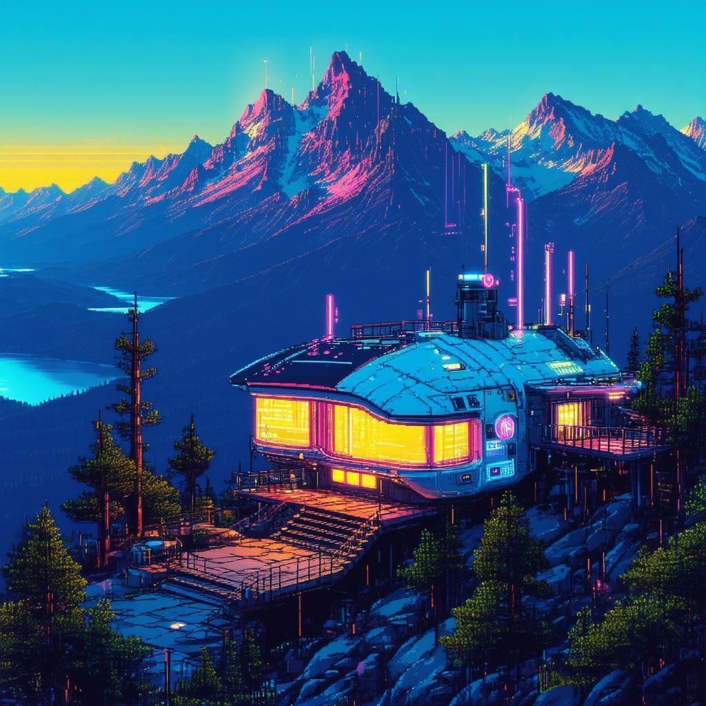 Retro Futuristic Cabin Above a Cyber Ocean