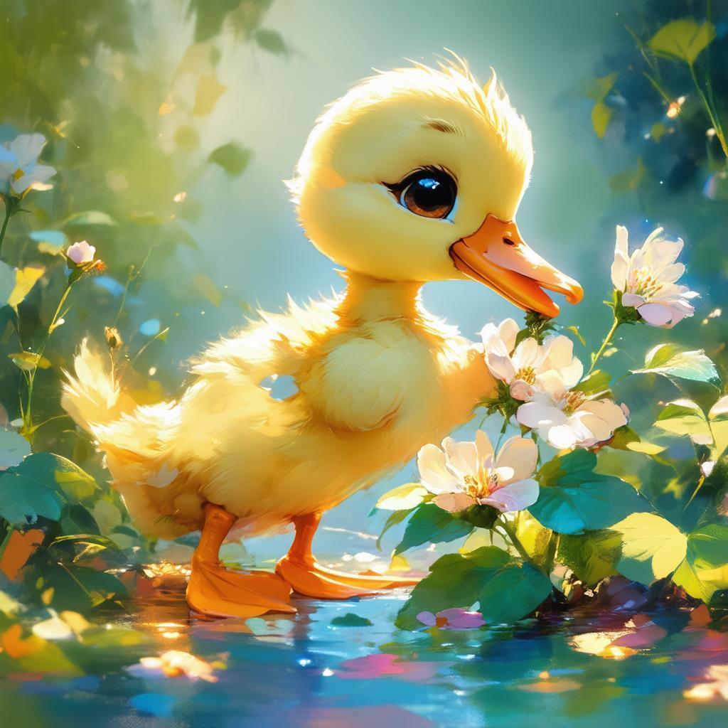Cute Anime Duck Picking a Delicate Flower
