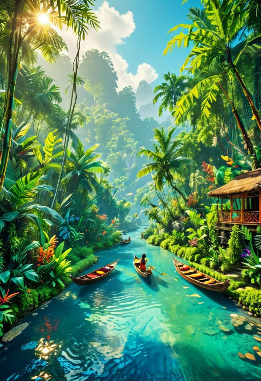 Tropical Jungle River Woman on Bamboo Raft