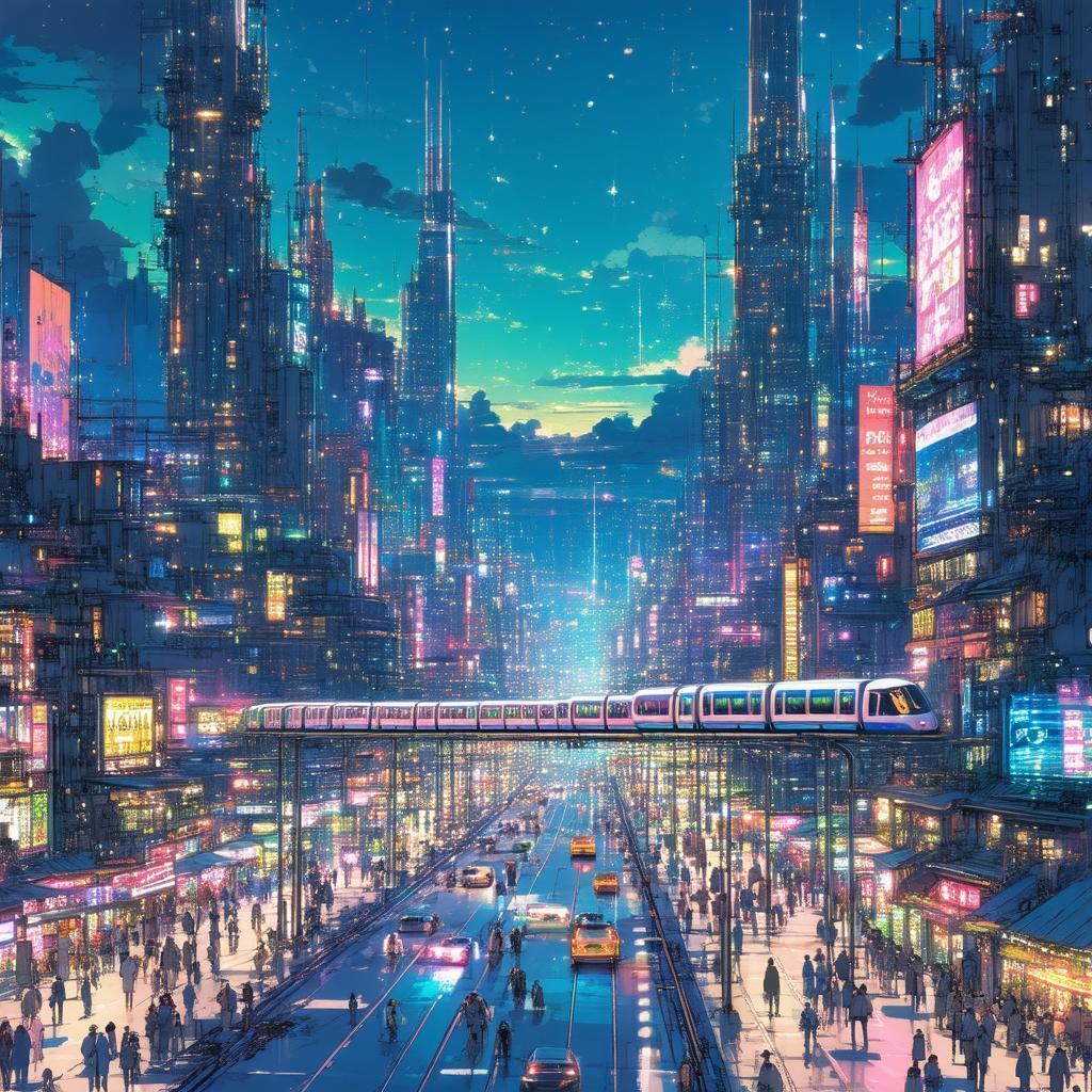 Neon Anime Metropolis With Speeding Monorails