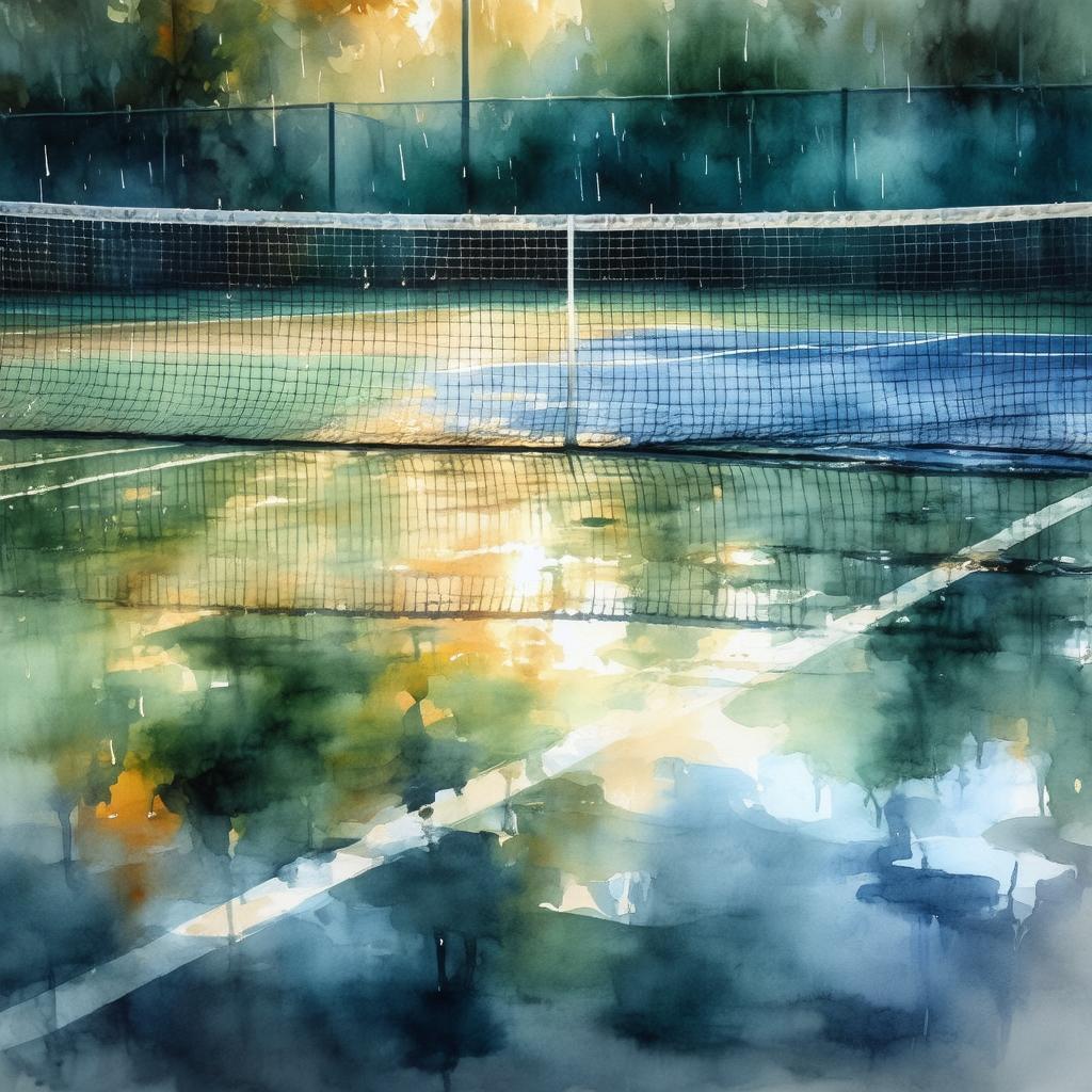 Watercolor Rain Glistening on a Tennis Court