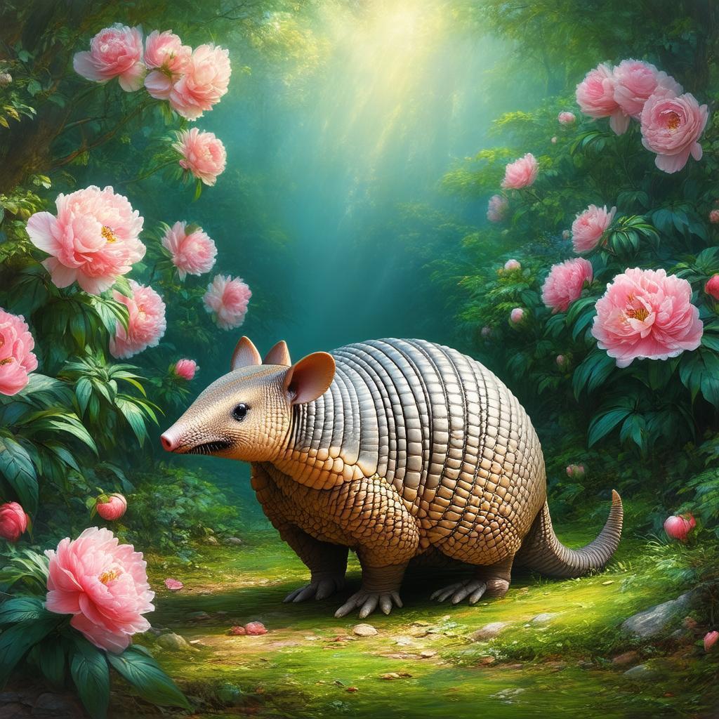 Armadillo Wandering a Lush Peony Garden