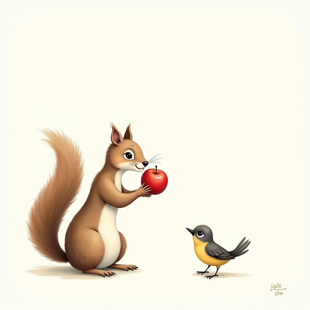 Watercolor Squirrel Offering an Apple to Bird