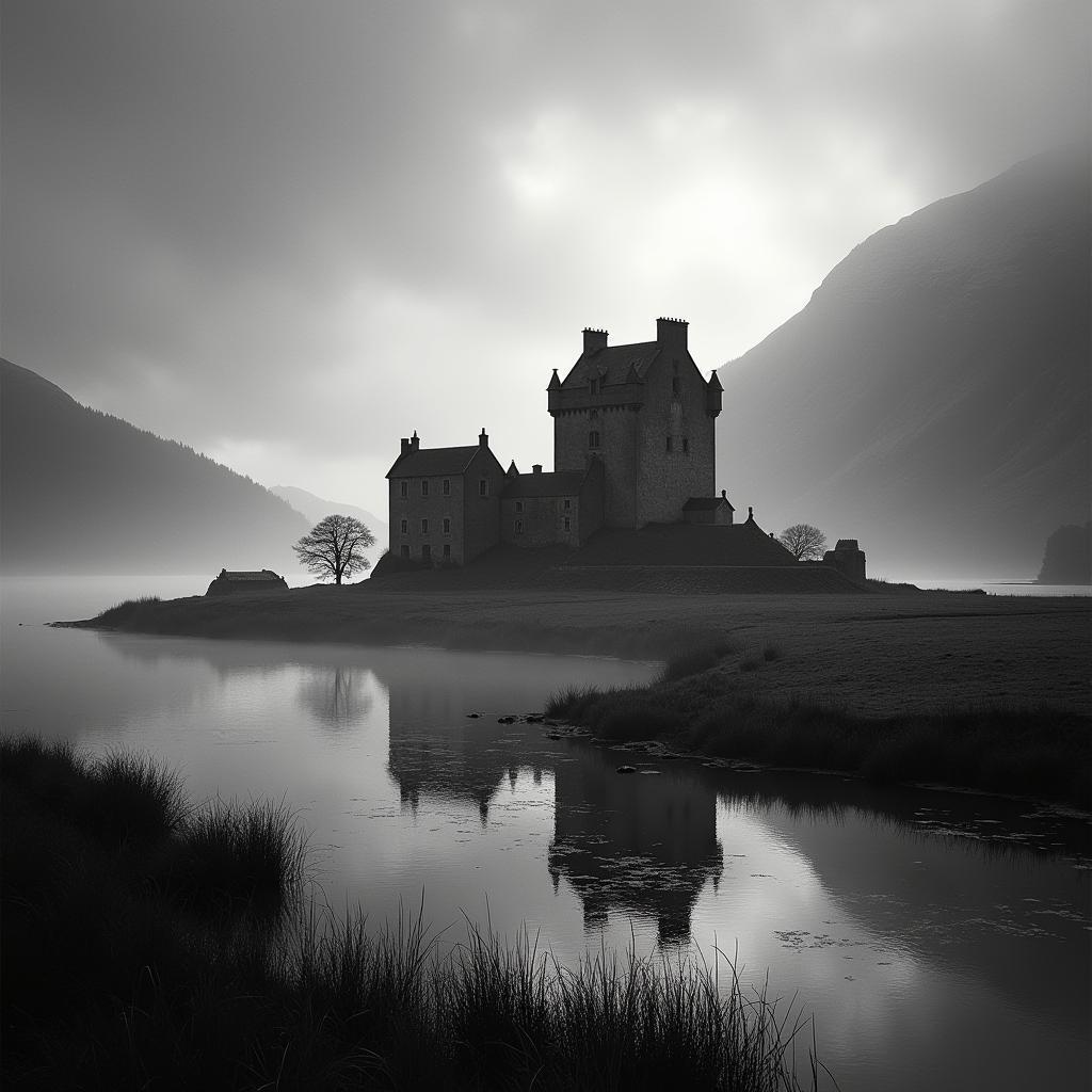 Misty Scottish Castle by a Monochrome Loch