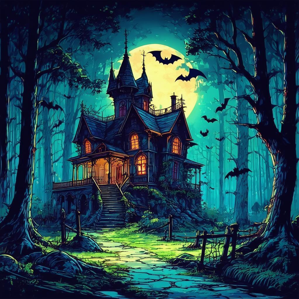 Glowing Manga Haunted House in Dark Woods