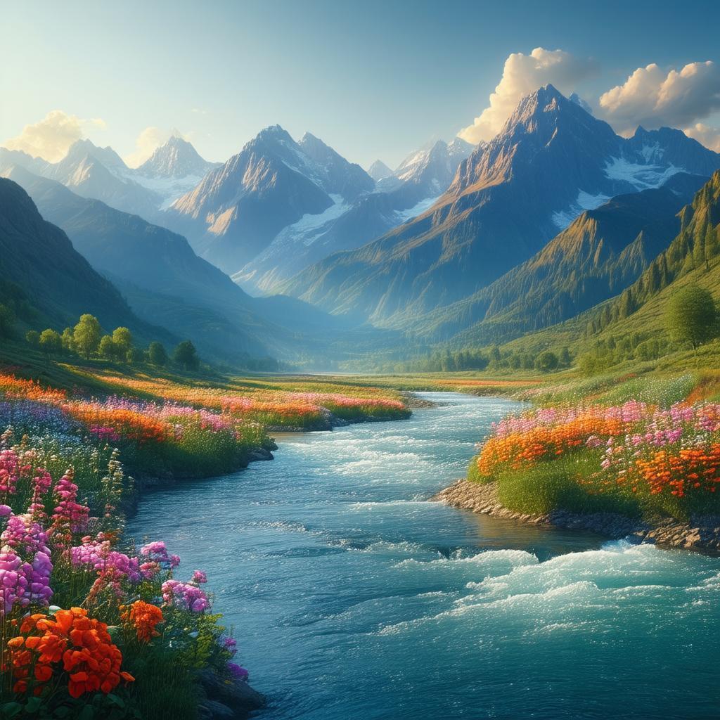 Golden River Meander Beneath Majestic 3D Mountains