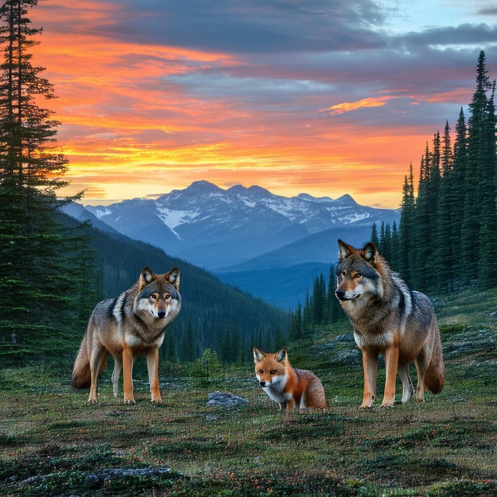 Wolves and Foxes Beneath Orange Mountain Sunset