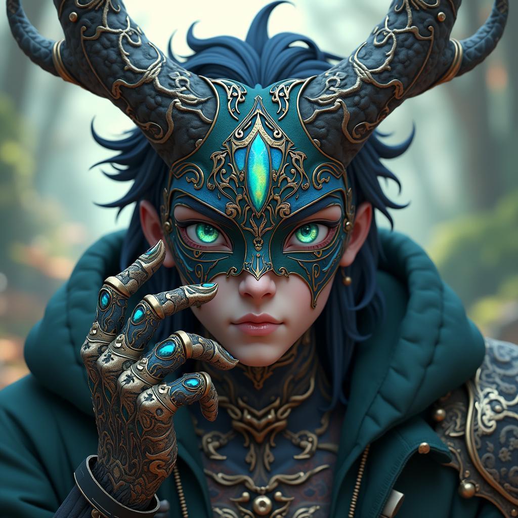 Oni Masked Forest Druid in Cyberpunk Filigree