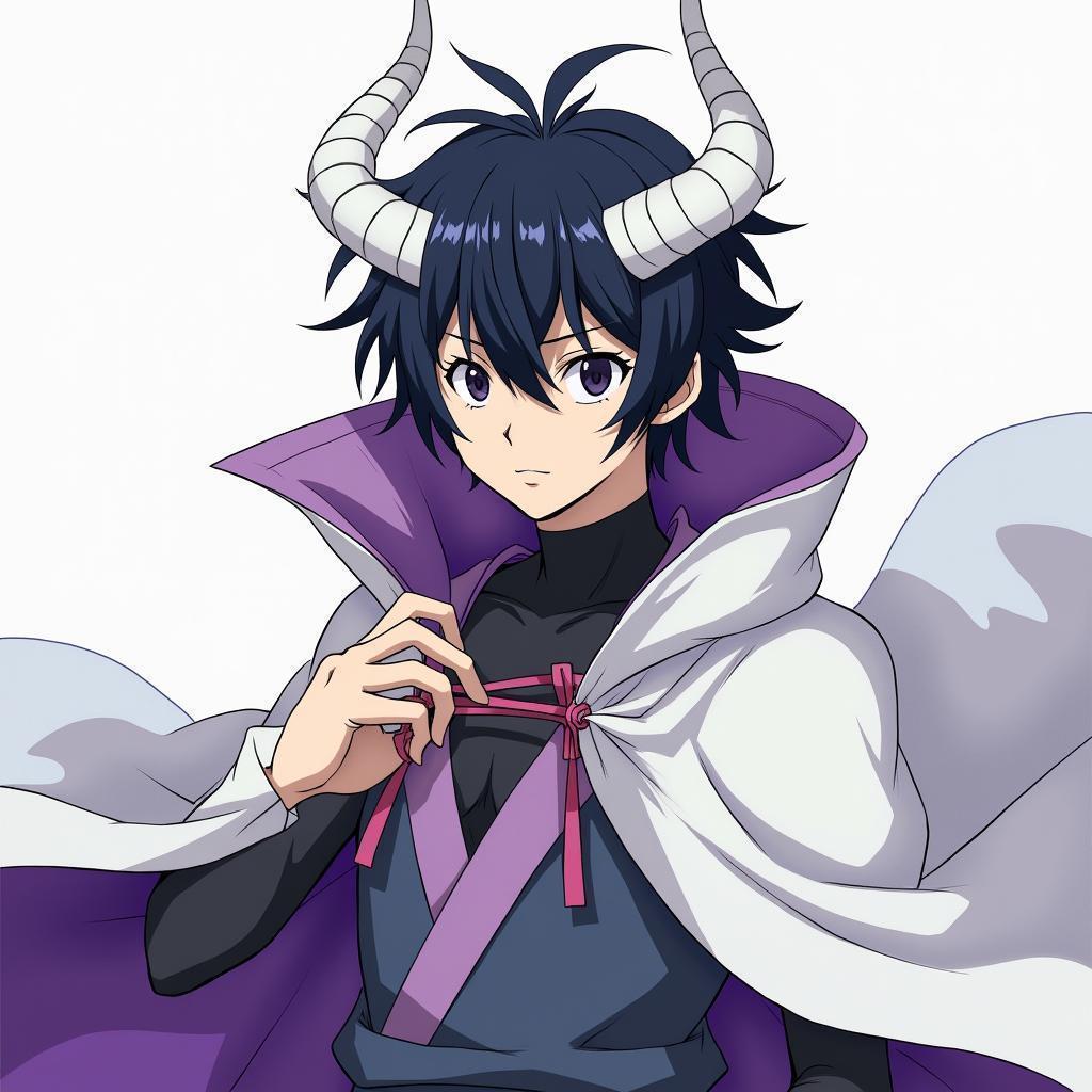 White Horned Anime Demon in Purple Cloak