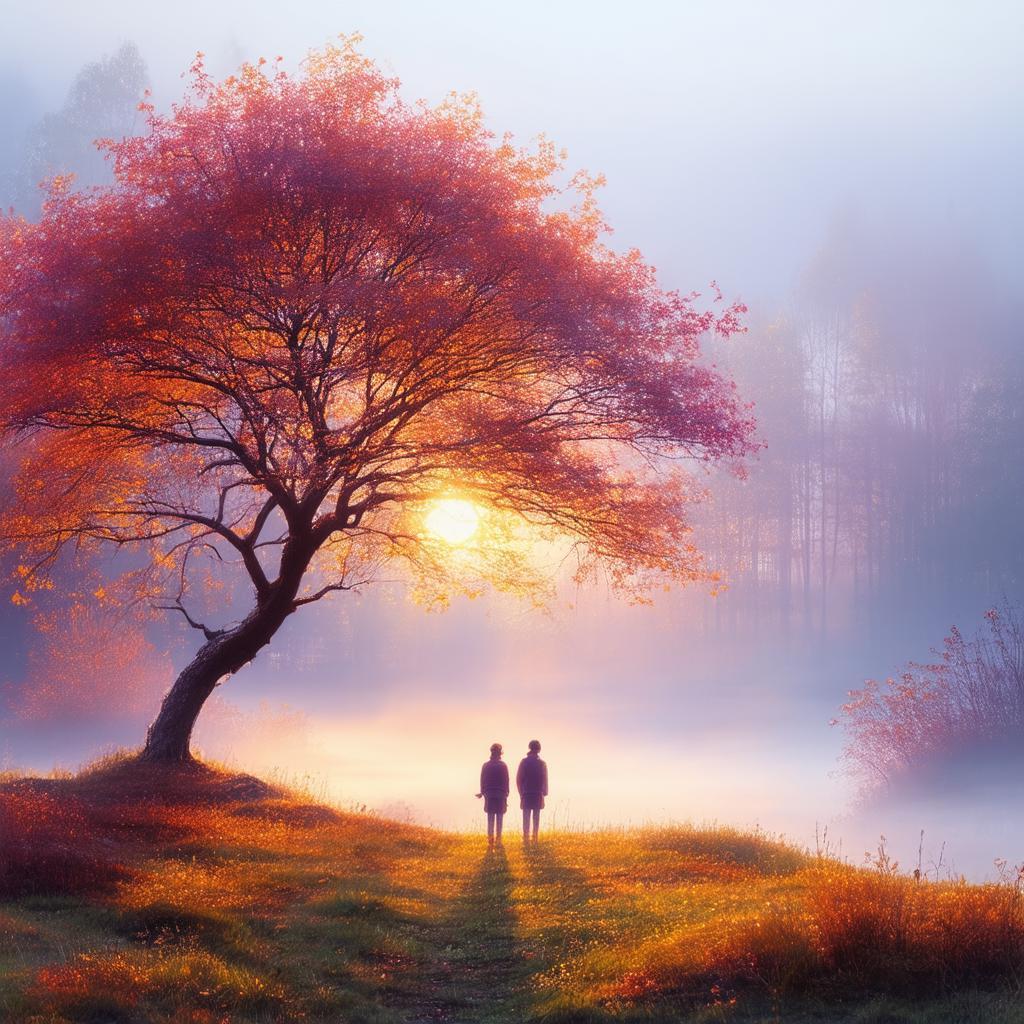 Autumn Tree Sunset With Two Tiny Watchers