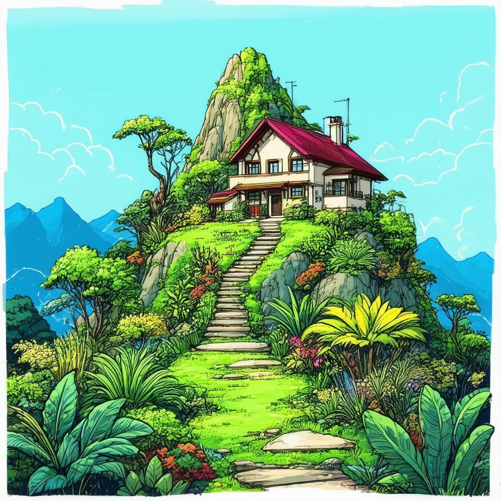 Manga Mountain House Amid Exaggerated Lush Flora
