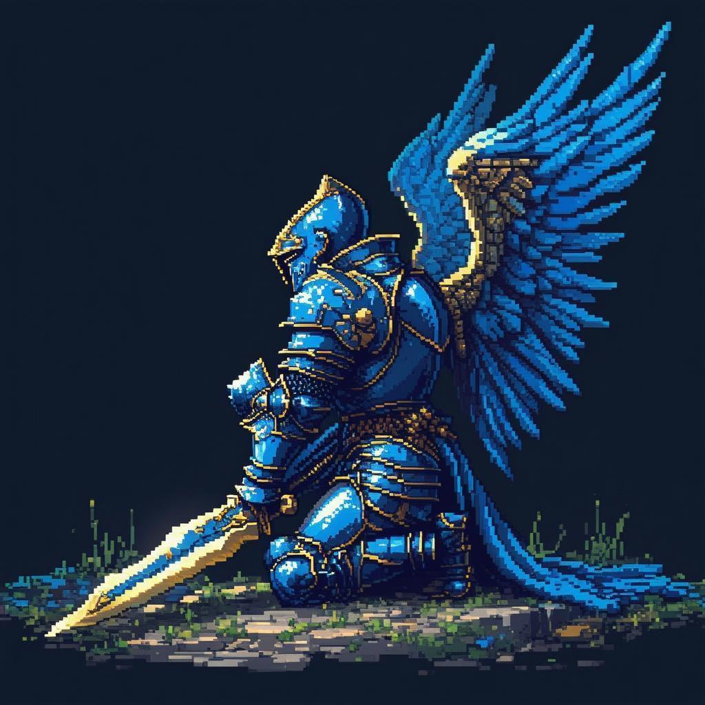 Kneeling Pixel Knight in Blue Gold Armor