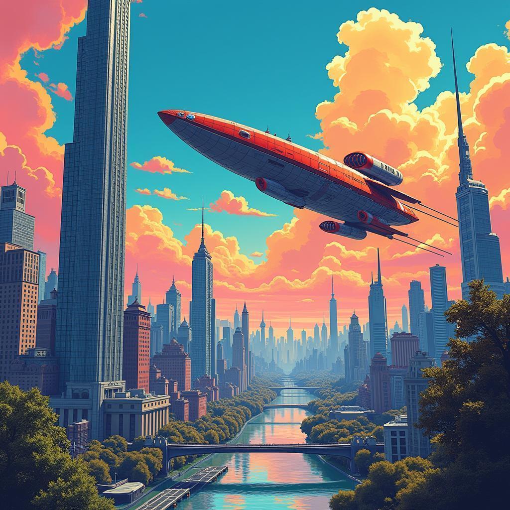 Manga Spaceship Racing Past a Towering Skyscraper