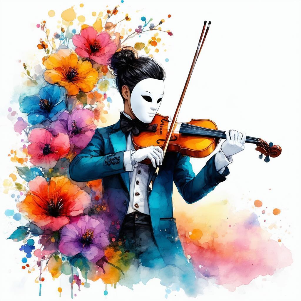 Chibi Masked Violinist Amid Pride Colored Flowers