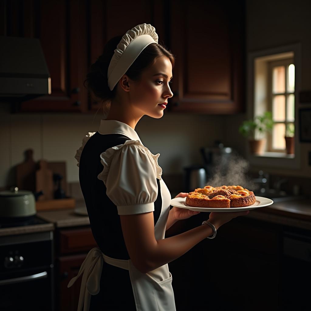 Elegant Maid in Deep Kitchen Chiaroscuro