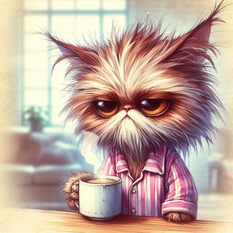 Whimsical Cat Enjoying Coffee in Pajamas