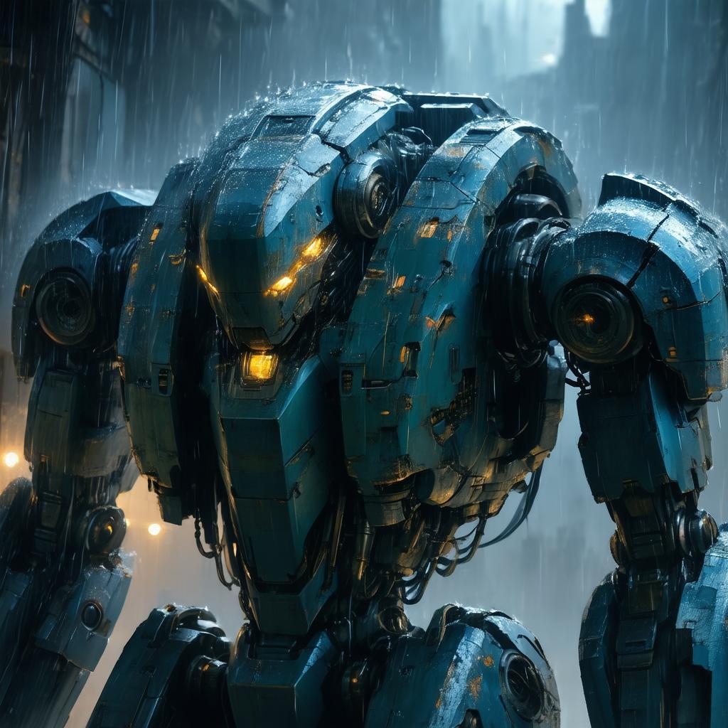 Colossal Battle Worn Robot Resting in Rain