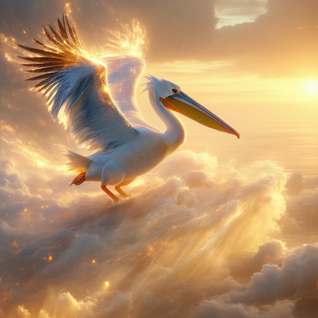 Runed Pelican Soaring Over a Mystical Realm