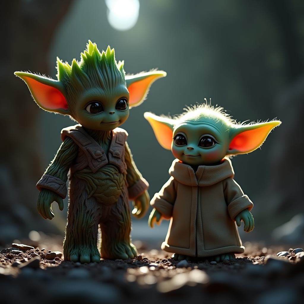 Baby Yoda and Baby Groot in Dramatic Render