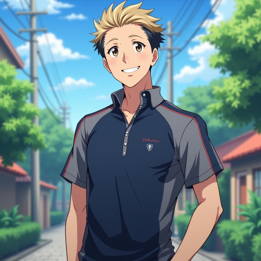 Smiling Anime Man in Navy Sport Shirt