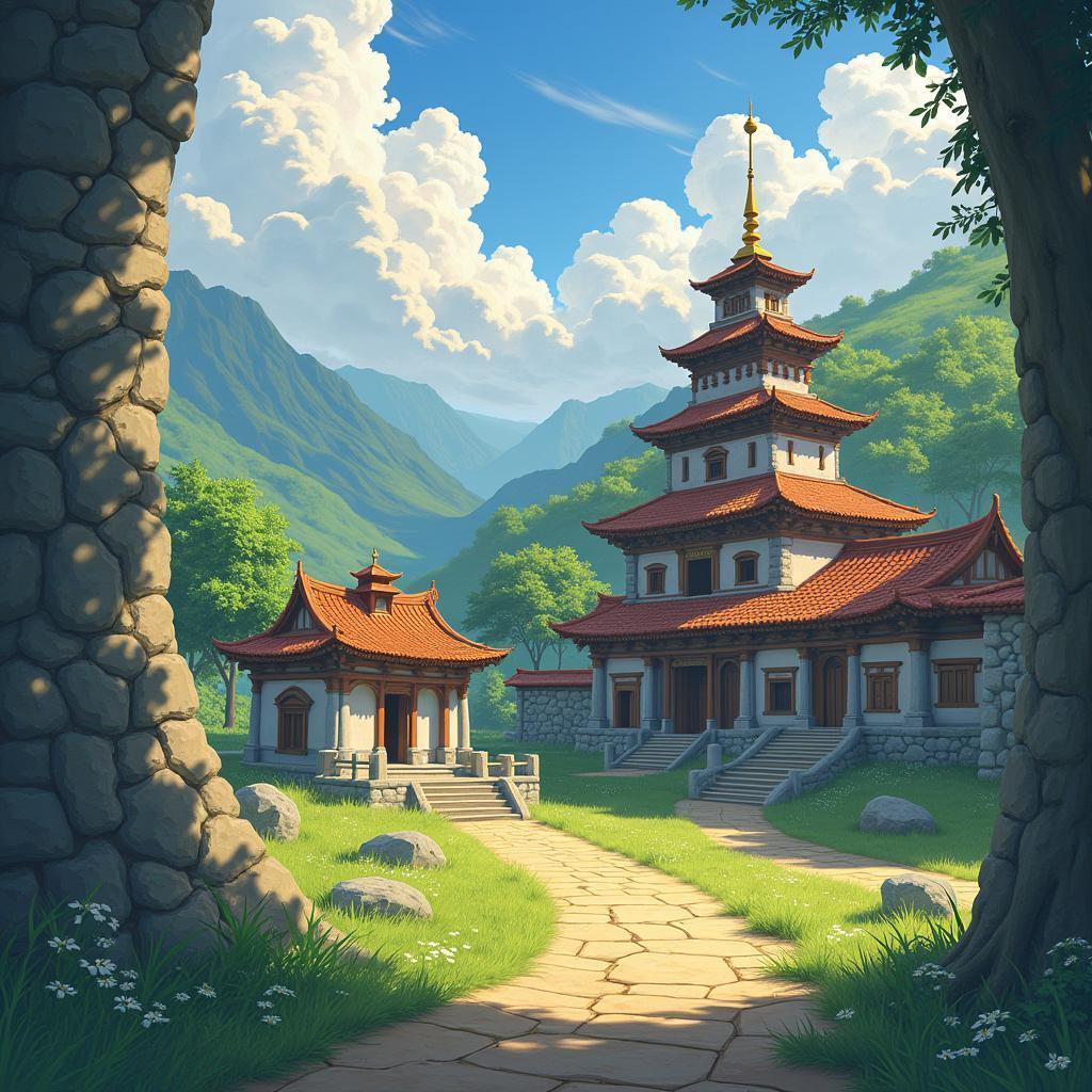 Ghibli Style Monastery Ruins at Golden Hour
