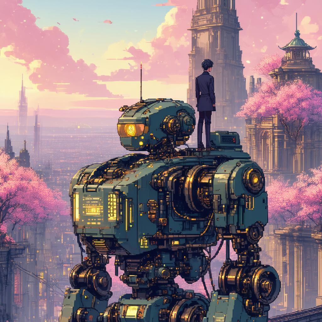 Pixel Mechanic Rides Steampunk Robot Under Sakura