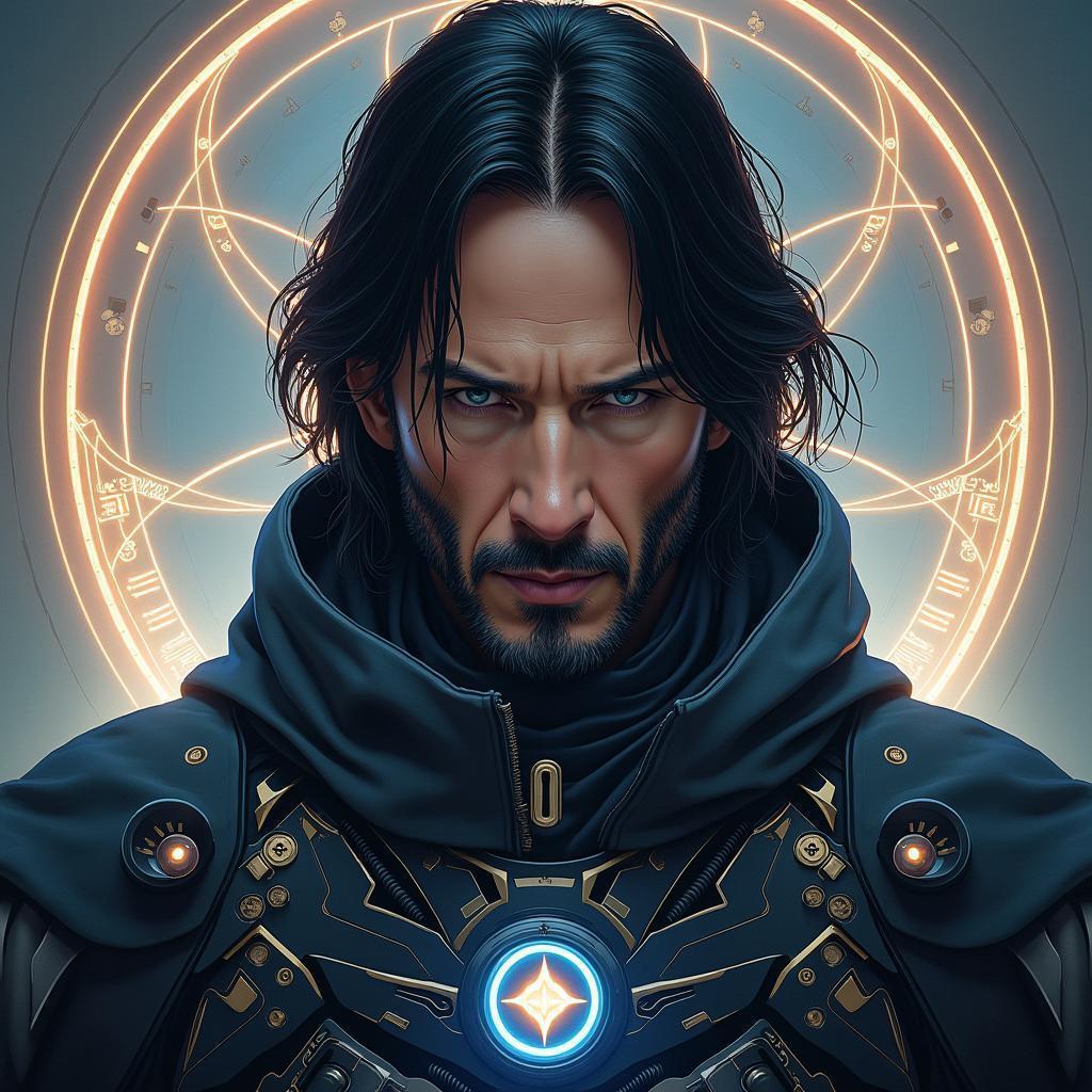 Keanu Reeves Fantasy Portrait With Glowing Runes