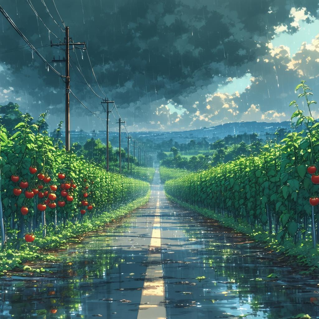 Misty Anime Road Through Tomato Fields