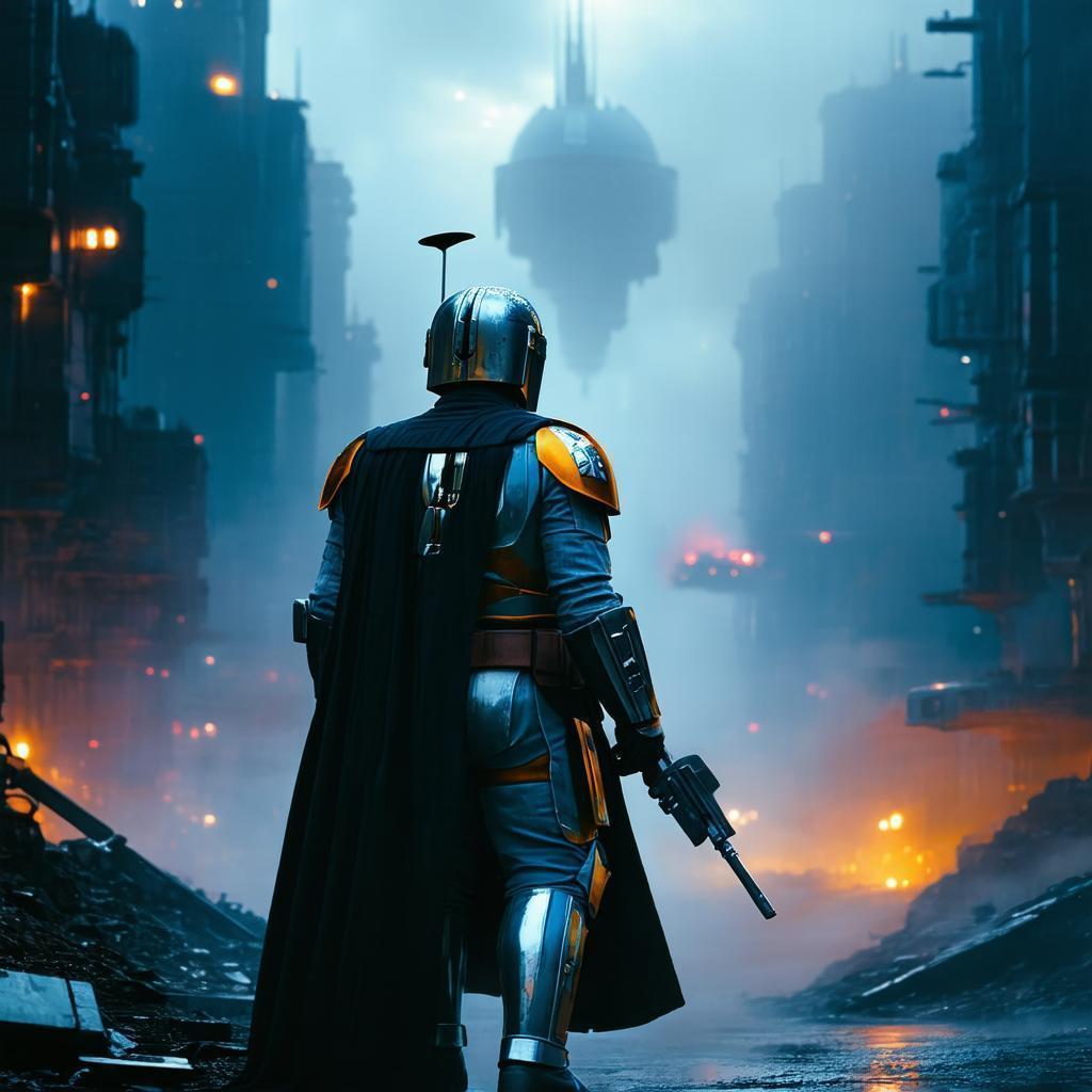 Mandalorian Watches Over a Dystopian Metropolis