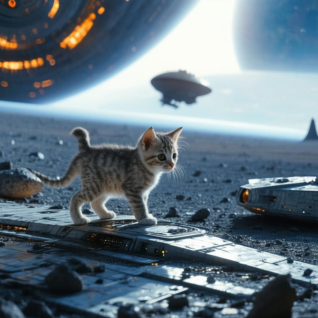 Kitten Atop a Crashed Sci Fi Spaceship