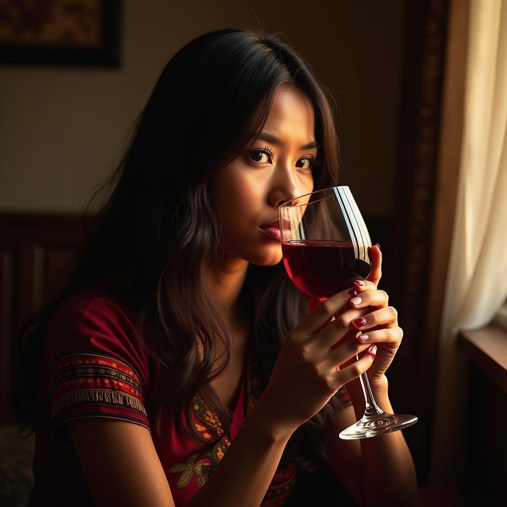 Nepali Woman Sipping Wine in Studio Light