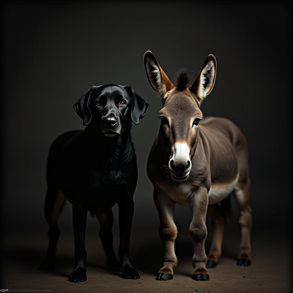 Black Labrador and Donkey in Moody Film Light