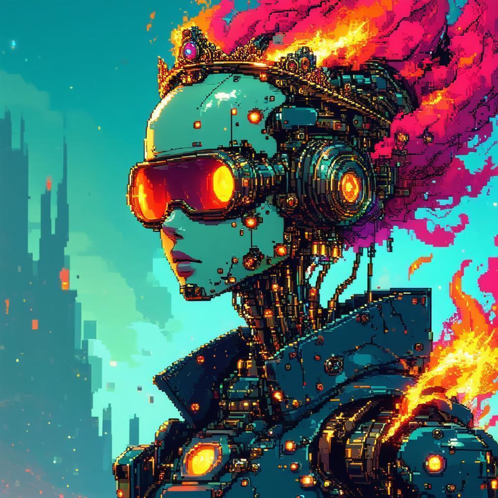 Eight Bit Cyberpunk Sage in Fiery Whirlwind