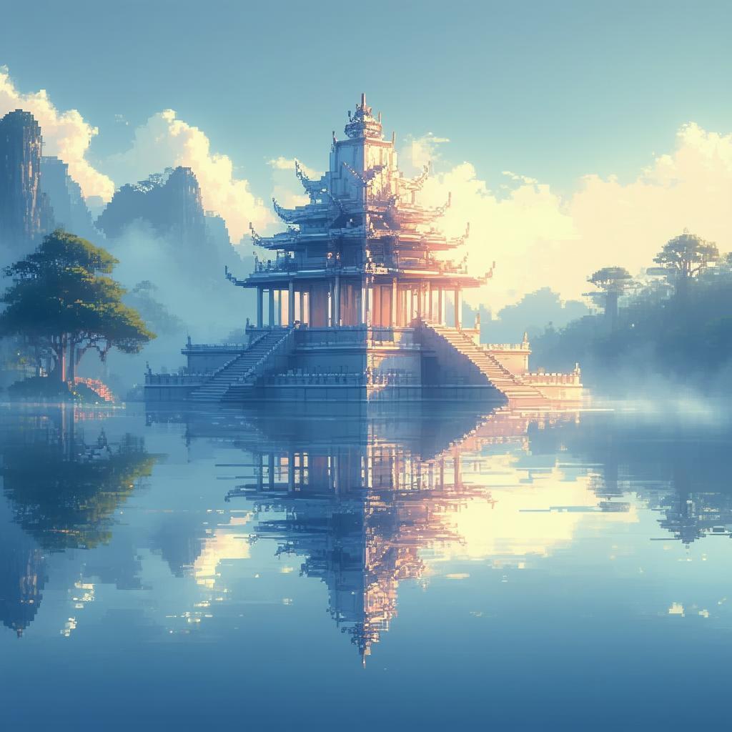 Pixel Temple Mirrored in a Calm Lake