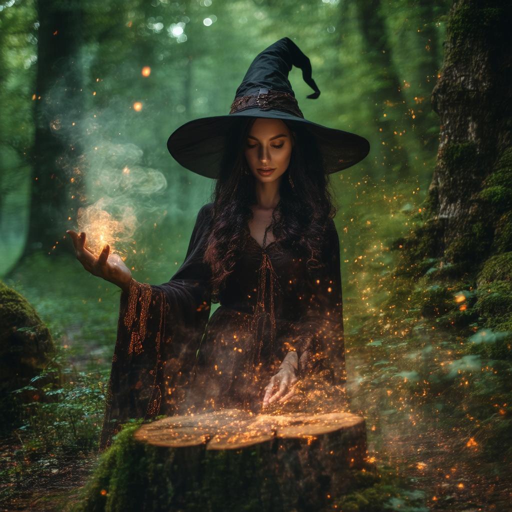 Witch Casting Spells Among Ancient Trees