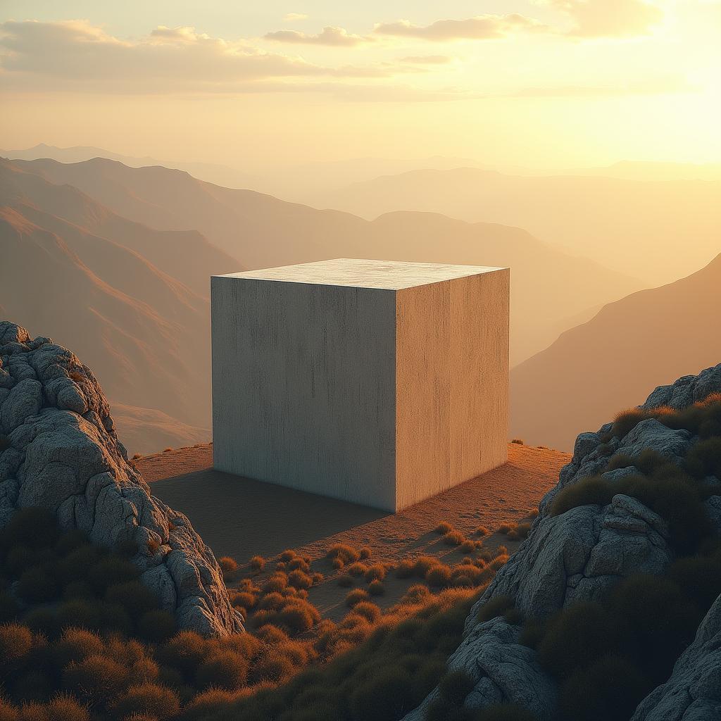 Geometric Cube Monolith in Golden Mountain Light