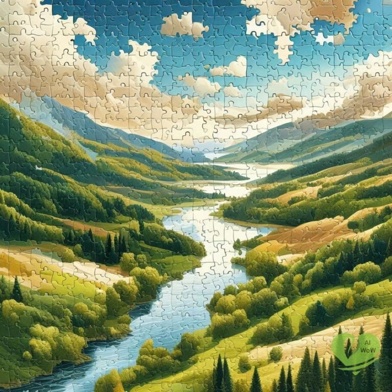 Scenic Landscape Painting in Jigsaw Puzzle Style