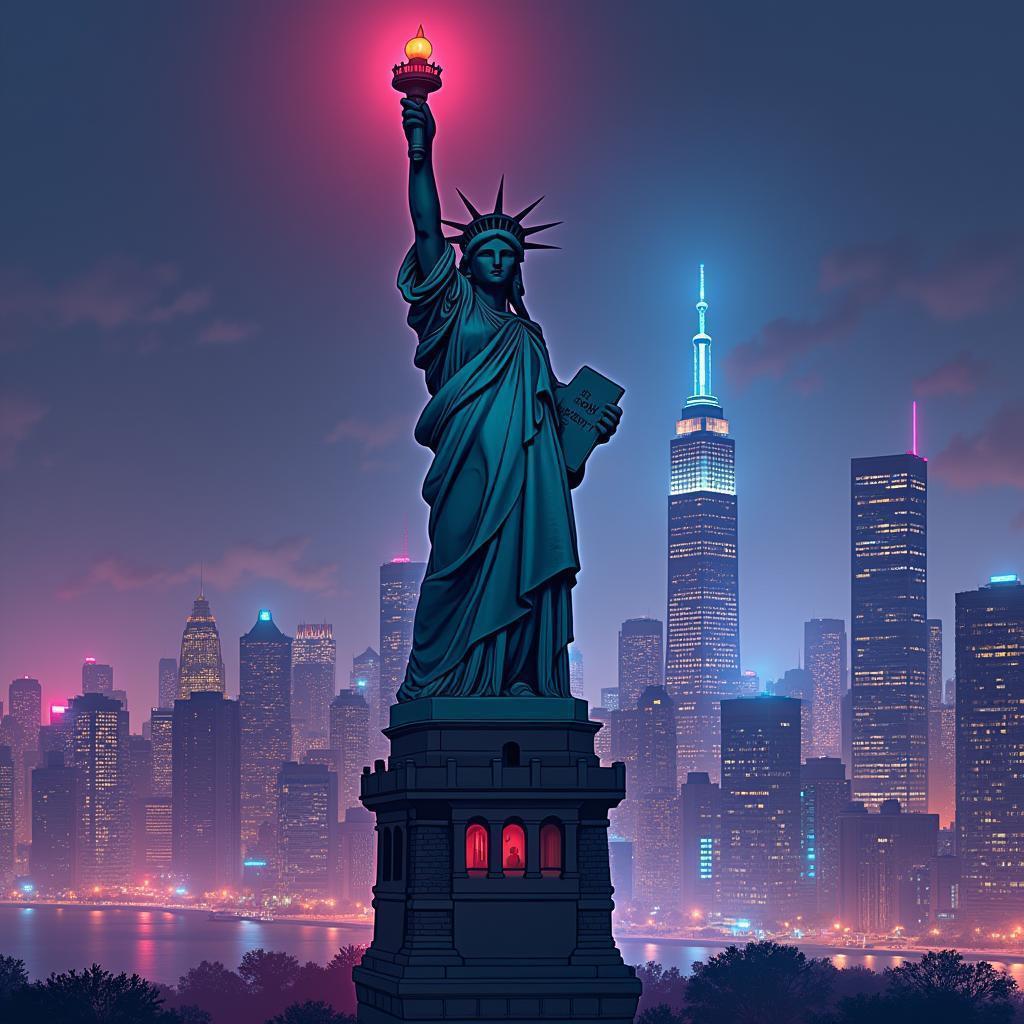 Neon Lit Anime Statue of Liberty