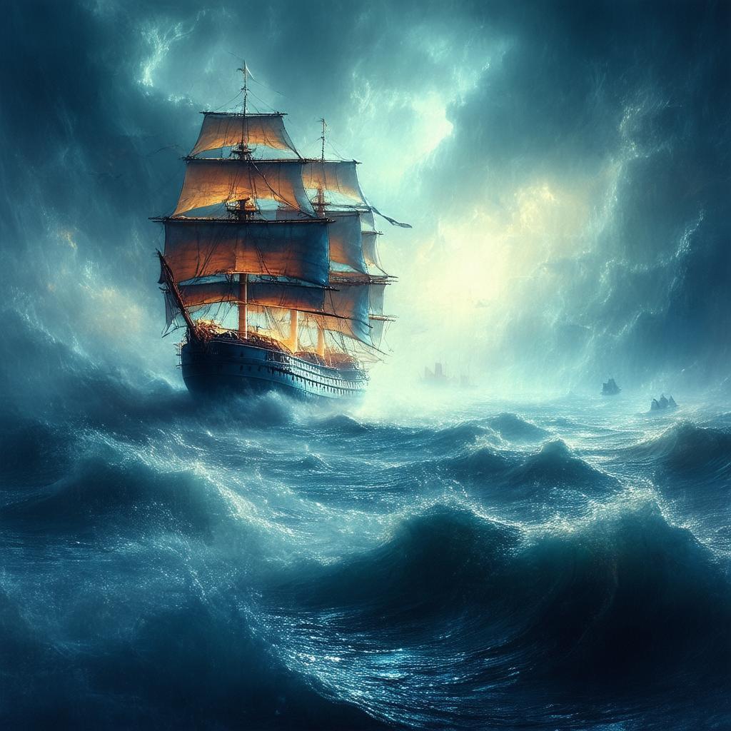 Ethereal Three Masted Ship in Mystic Seas