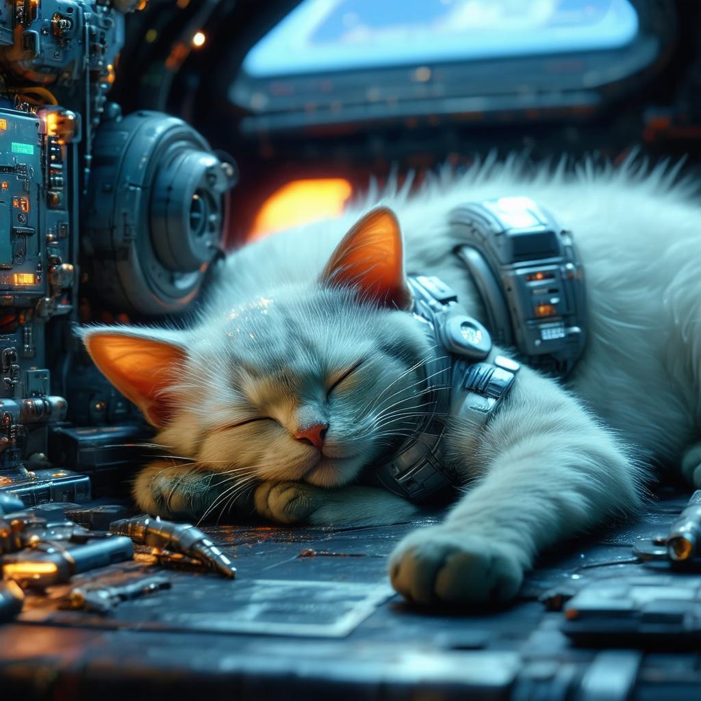 Alien Space Cat Napping on Spaceport Workbench