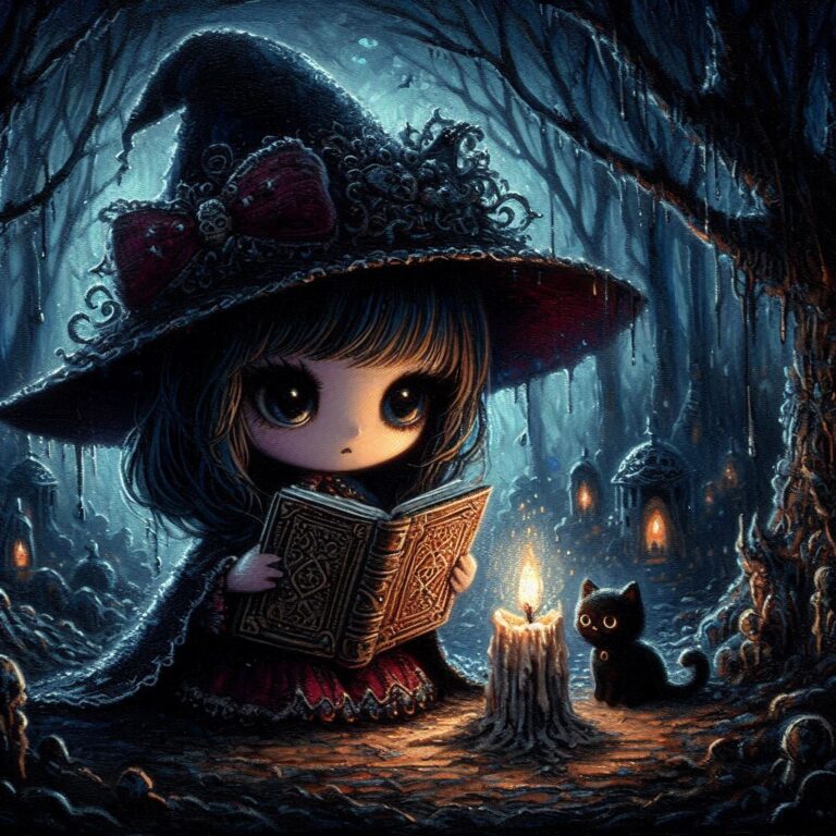 Chibi Witch Reading in Dark Forest