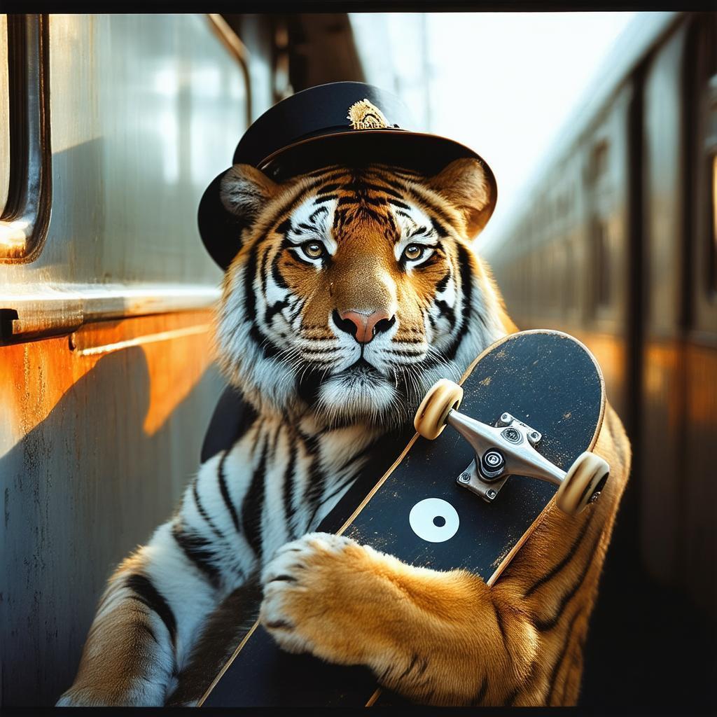Tiger Conductor Holding a Yin Yang Skateboard