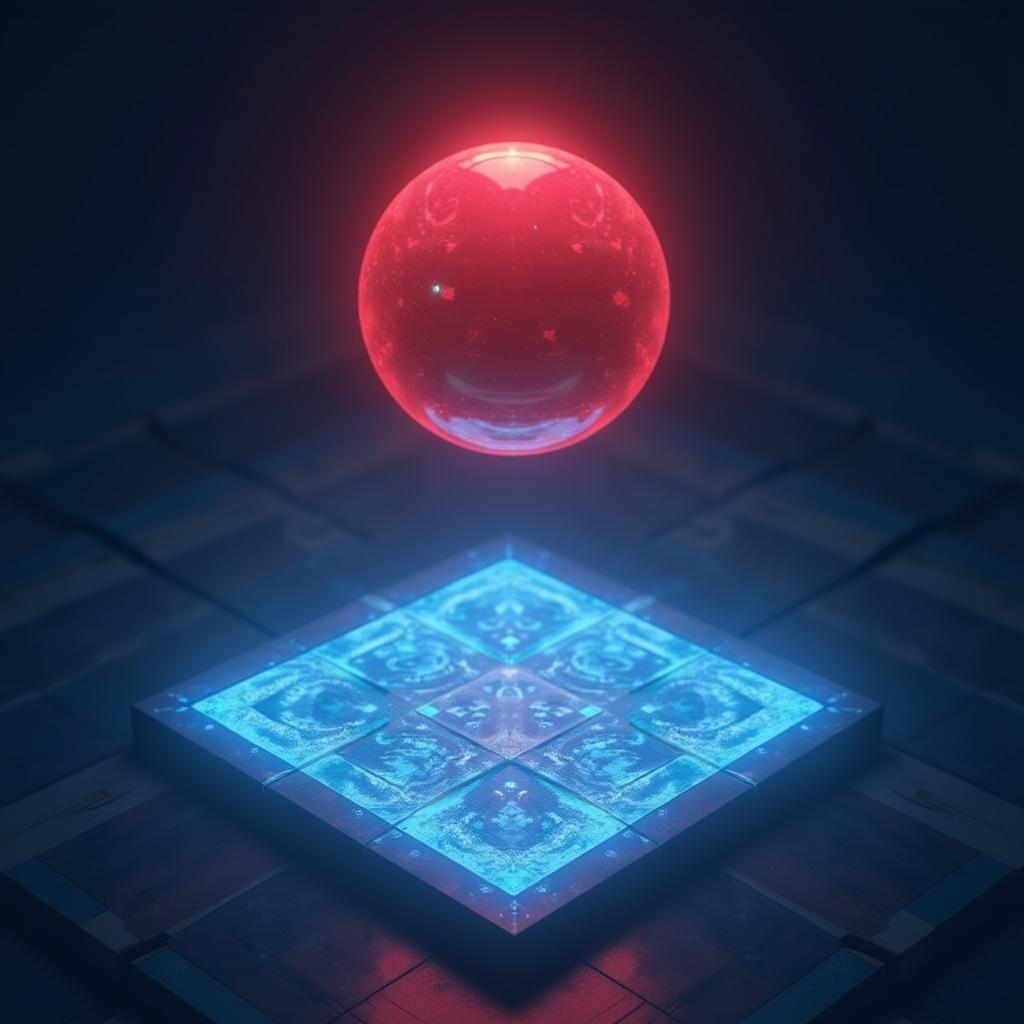 Mystical Red Orb Over Enchanted Blue Shape